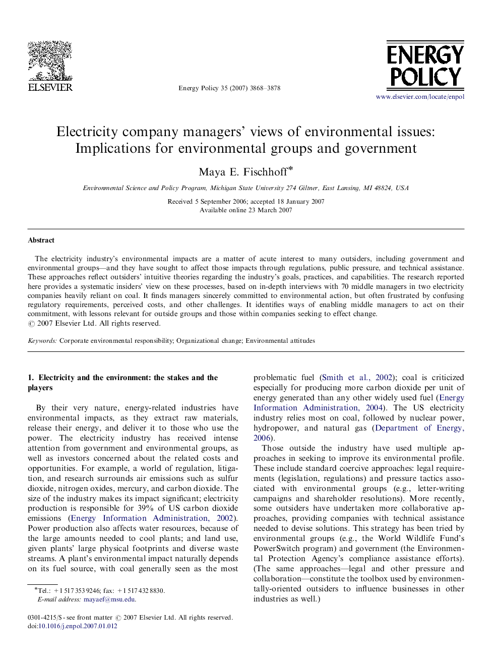 Electricity company managers’ views of environmental issues: Implications for environmental groups and government