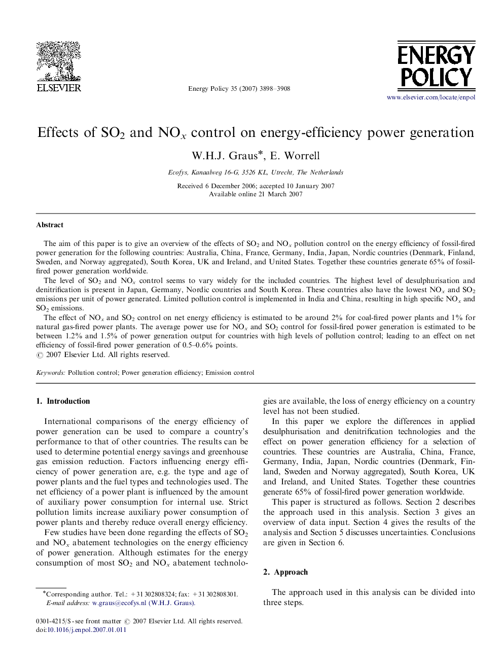 Effects of SO2 and NOx control on energy-efficiency power generation