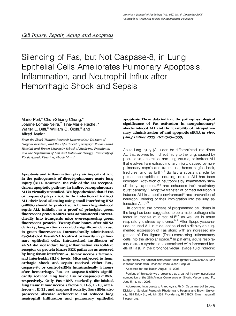 Silencing of Fas, but Not Caspase-8, in Lung Epithelial Cells Ameliorates Pulmonary Apoptosis, Inflammation, and Neutrophil Influx after Hemorrhagic Shock and Sepsis