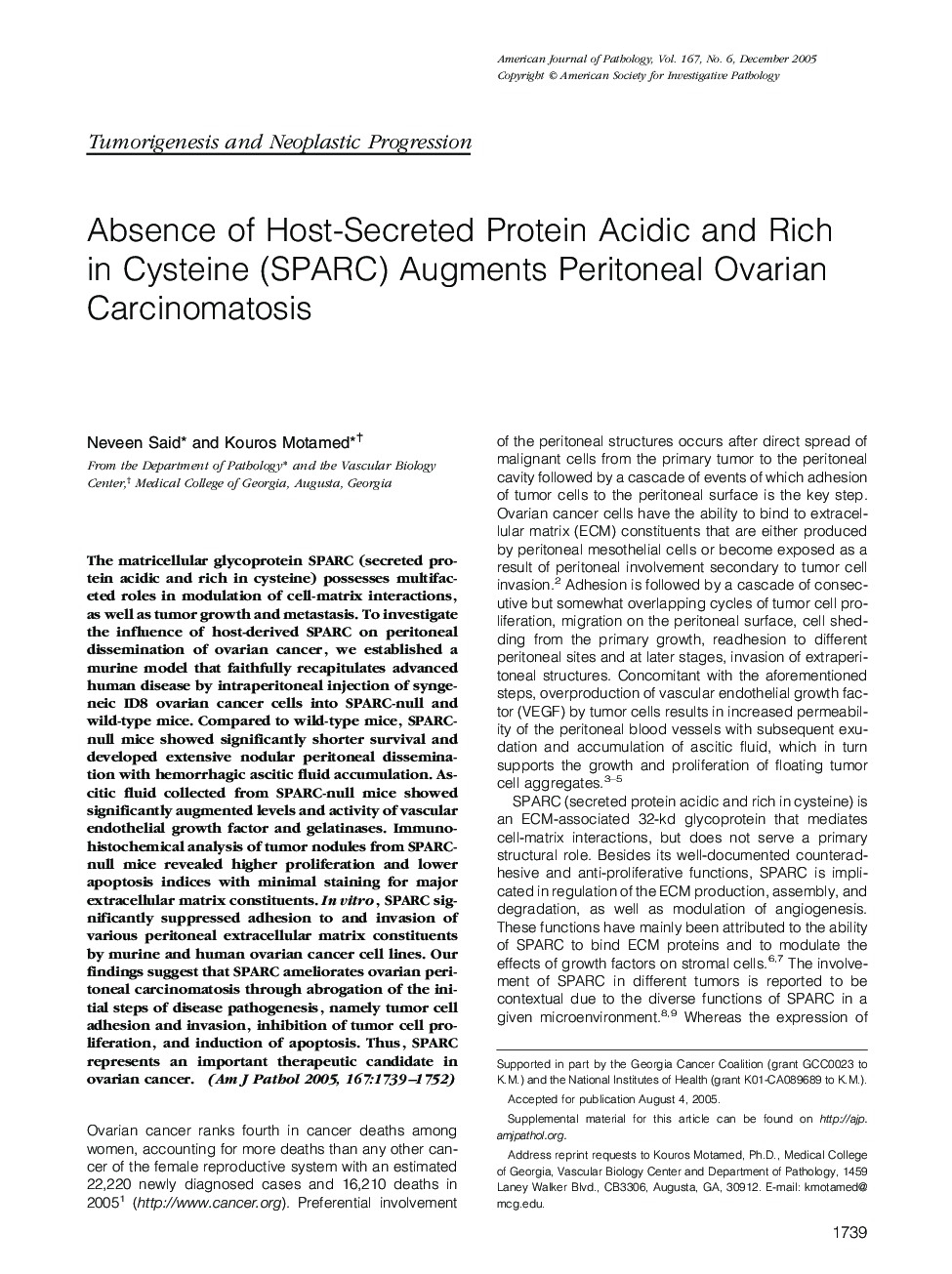 Absence of Host-Secreted Protein Acidic and Rich in Cysteine (SPARC) Augments Peritoneal Ovarian Carcinomatosis