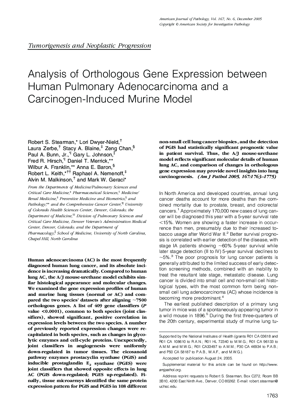 Analysis of Orthologous Gene Expression between Human Pulmonary Adenocarcinoma and a Carcinogen-Induced Murine Model