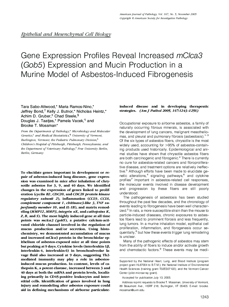 Gene Expression Profiles Reveal Increased mClca3 (Gob5) Expression and Mucin Production in a Murine Model of Asbestos-Induced Fibrogenesis