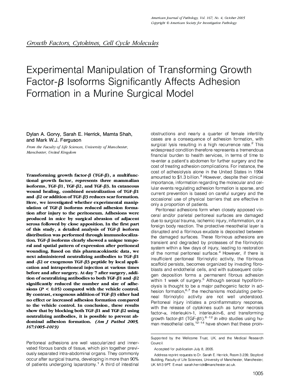 Experimental Manipulation of Transforming Growth Factor-Î² Isoforms Significantly Affects Adhesion Formation in a Murine Surgical Model