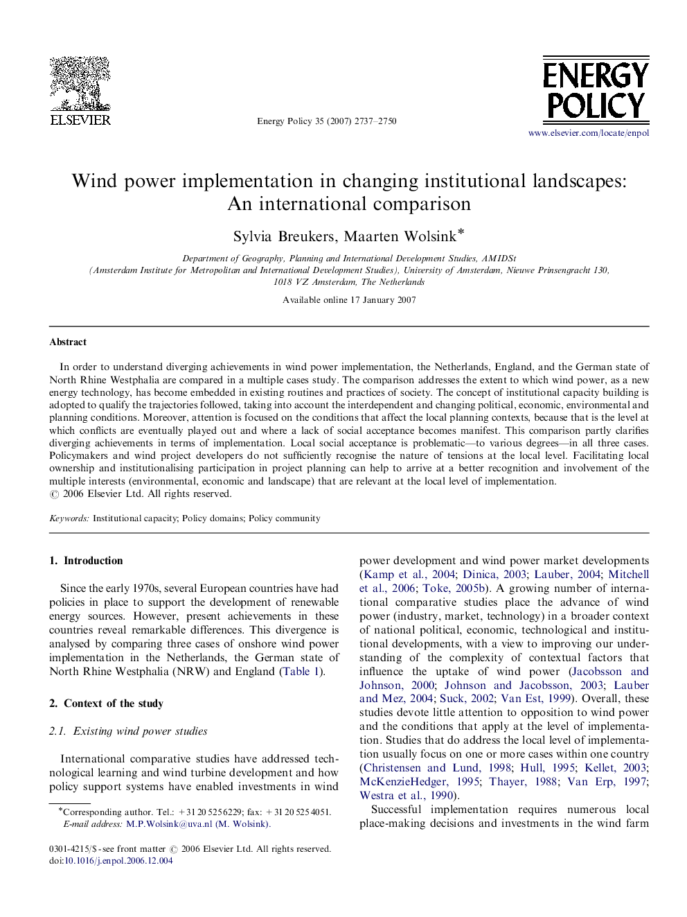 Wind power implementation in changing institutional landscapes: An international comparison