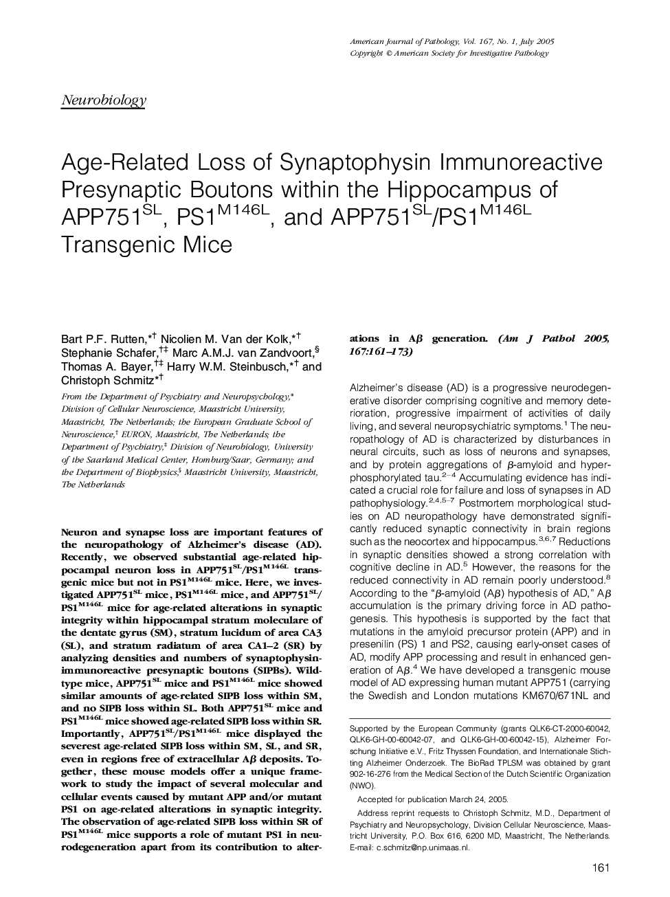 Age-Related Loss of Synaptophysin Immunoreactive Presynaptic Boutons within the Hippocampus of APP751SL, PS1M146L, and APP751SL/PS1M146L Transgenic Mice