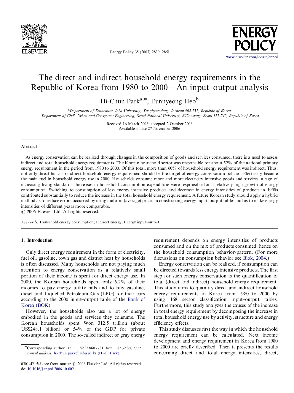 The direct and indirect household energy requirements in the Republic of Korea from 1980 to 2000—An input–output analysis