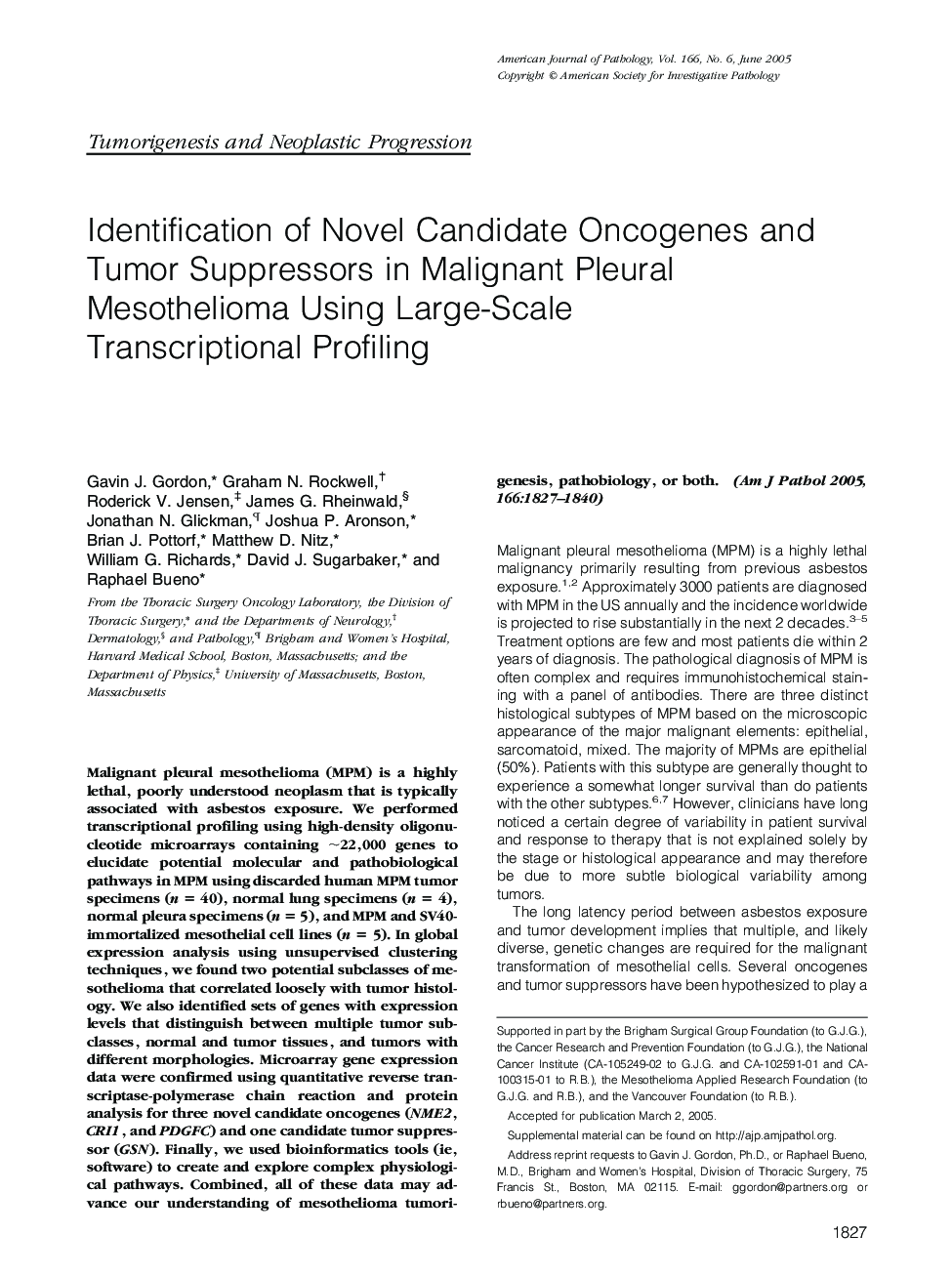 Identification of Novel Candidate Oncogenes and Tumor Suppressors in Malignant Pleural Mesothelioma Using Large-Scale Transcriptional Profiling
