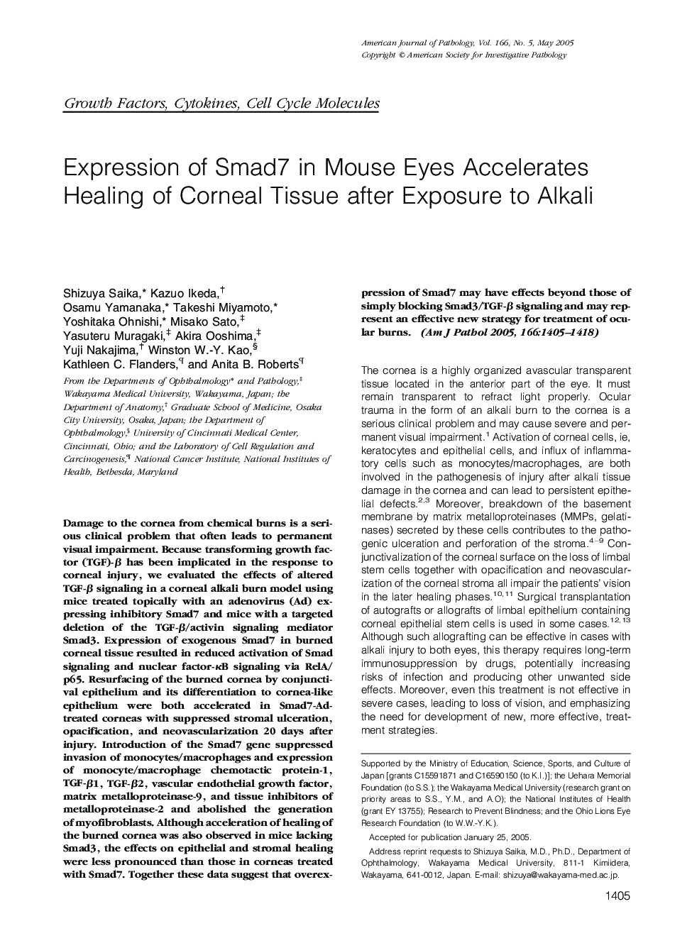 Expression of Smad7 in Mouse Eyes Accelerates Healing of Corneal Tissue after Exposure to Alkali