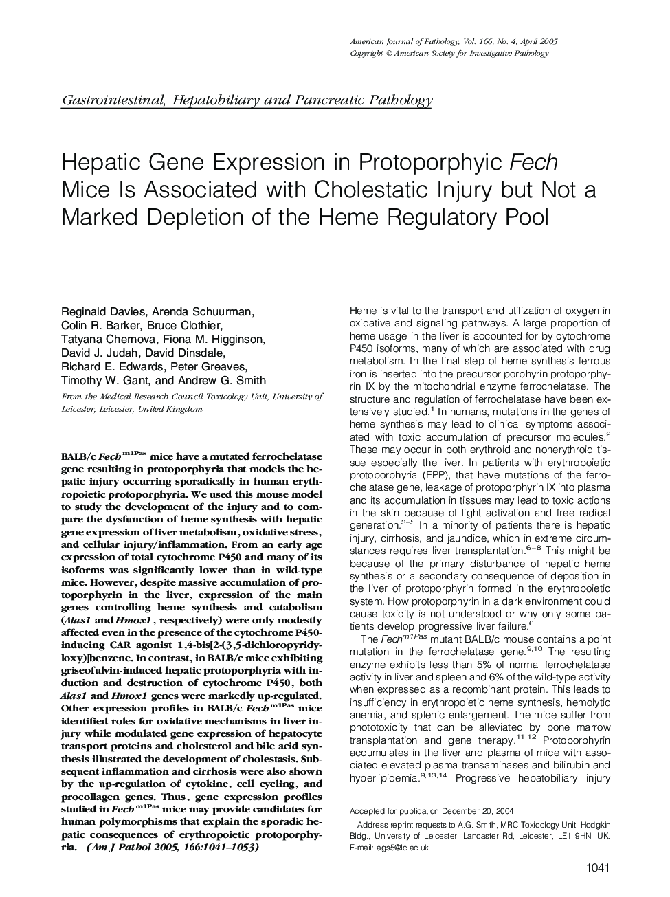 Hepatic Gene Expression in Protoporphyic Fech Mice Is Associated with Cholestatic Injury but Not a Marked Depletion of the Heme Regulatory Pool