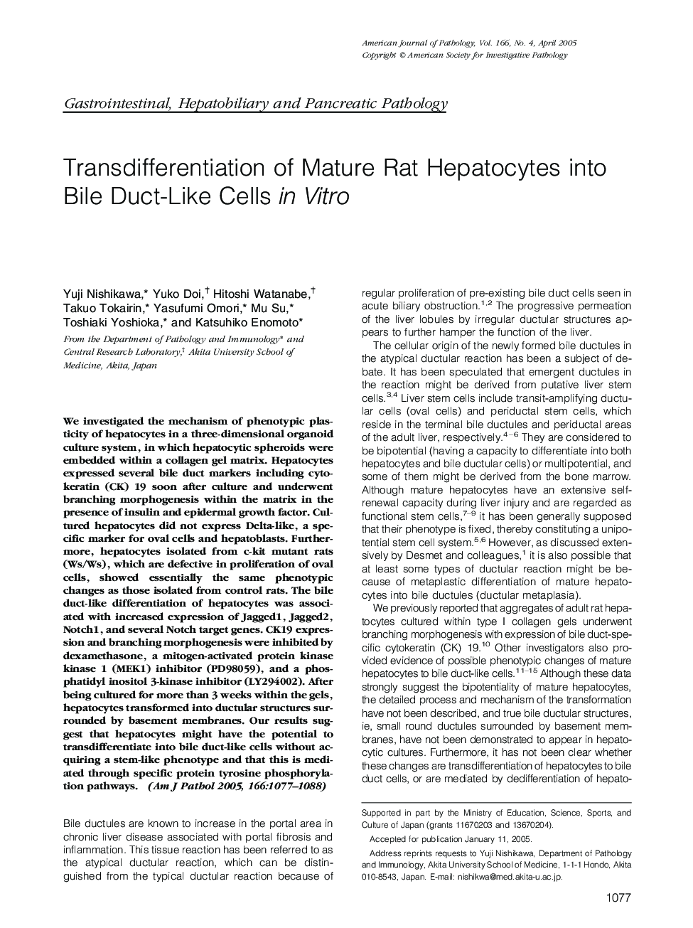 Transdifferentiation of Mature Rat Hepatocytes into Bile Duct-Like Cells in Vitro