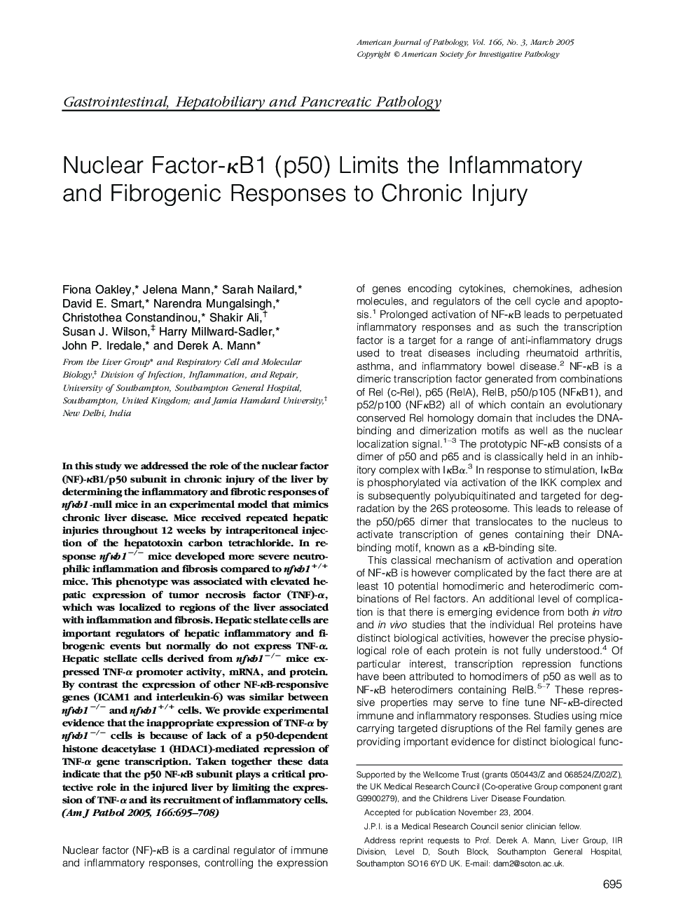 Nuclear Factor-ÎºB1 (p50) Limits the Inflammatory and Fibrogenic Responses to Chronic Injury