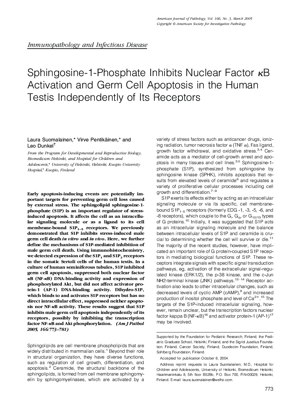 Sphingosine-1-Phosphate Inhibits Nuclear Factor ÎºB Activation and Germ Cell Apoptosis in the Human Testis Independently of Its Receptors