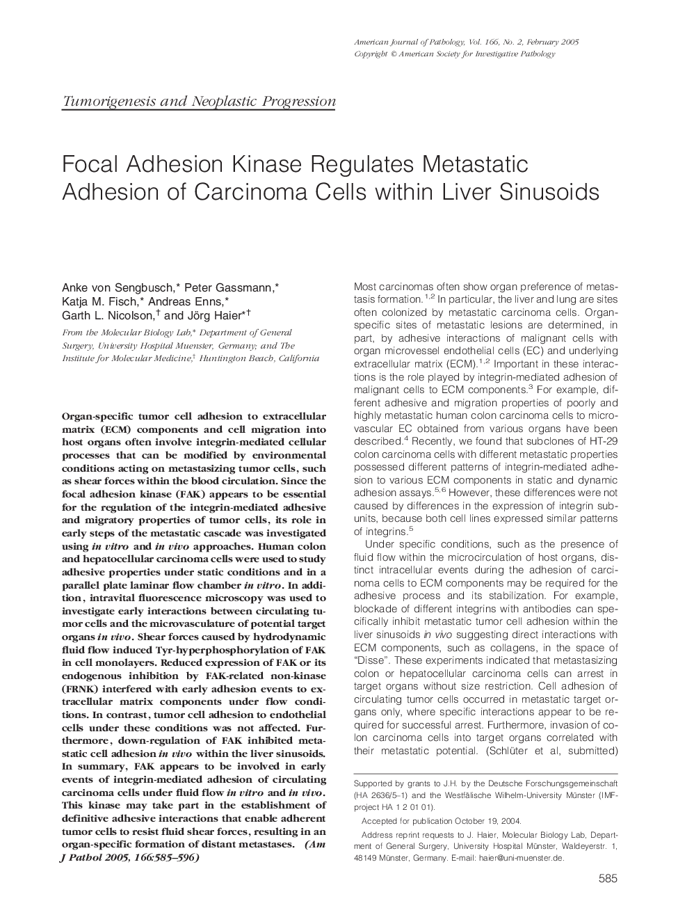 Focal Adhesion Kinase Regulates Metastatic Adhesion of Carcinoma Cells within Liver Sinusoids