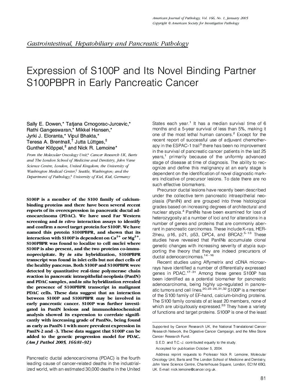 Expression of S100P and Its Novel Binding Partner S100PBPR in Early Pancreatic Cancer