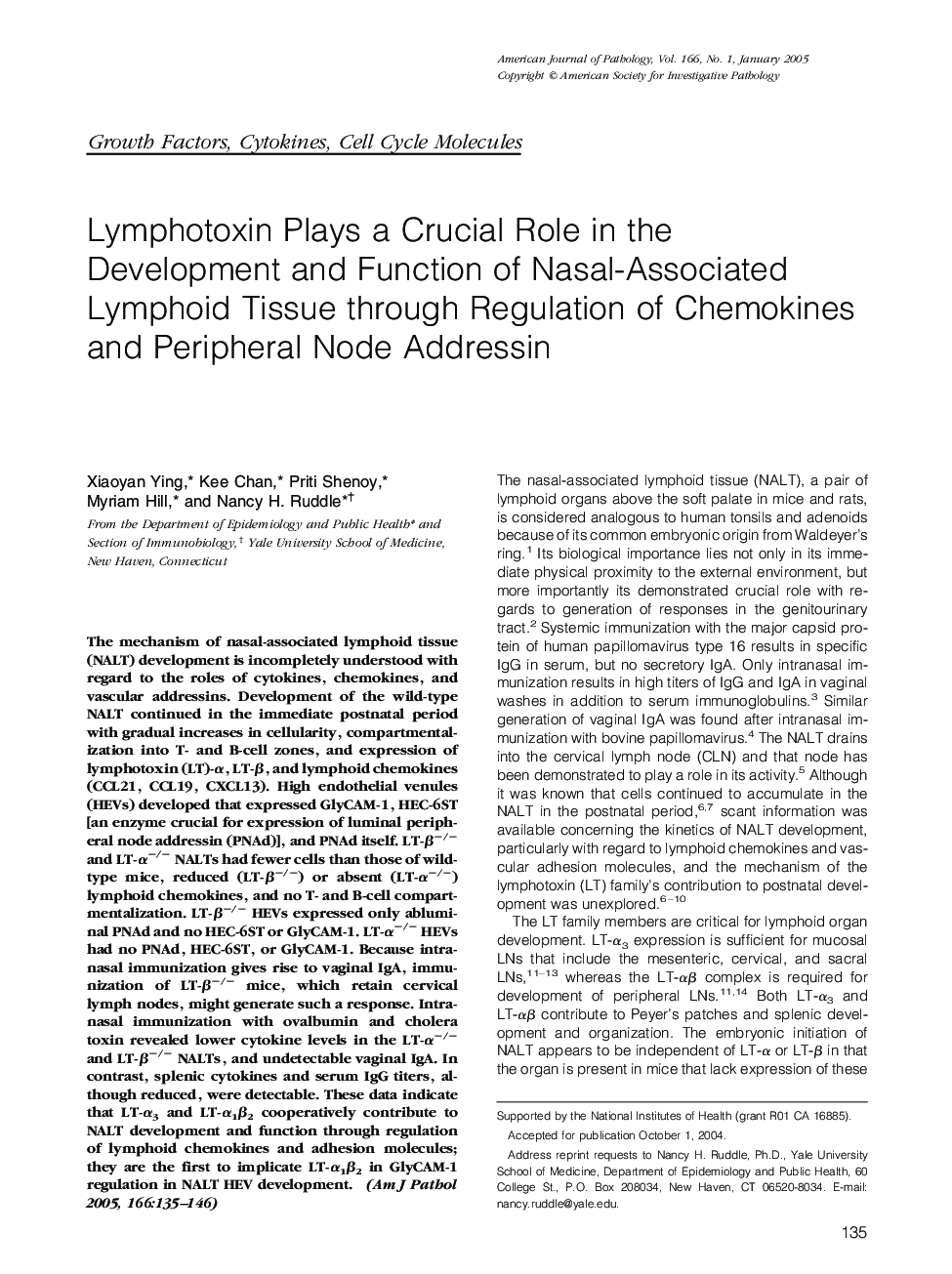 Lymphotoxin Plays a Crucial Role in the Development and Function of Nasal-Associated Lymphoid Tissue through Regulation of Chemokines and Peripheral Node Addressin