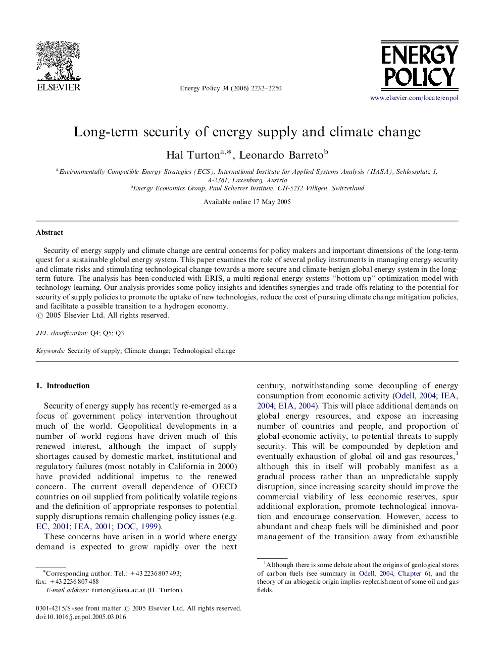 Long-term security of energy supply and climate change