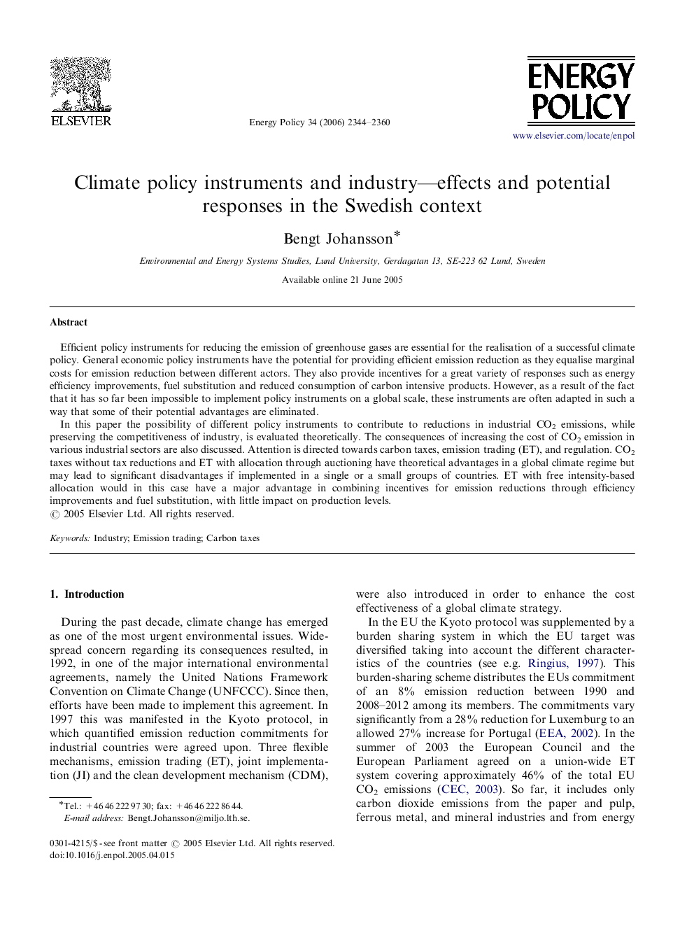 Climate policy instruments and industry—effects and potential responses in the Swedish context