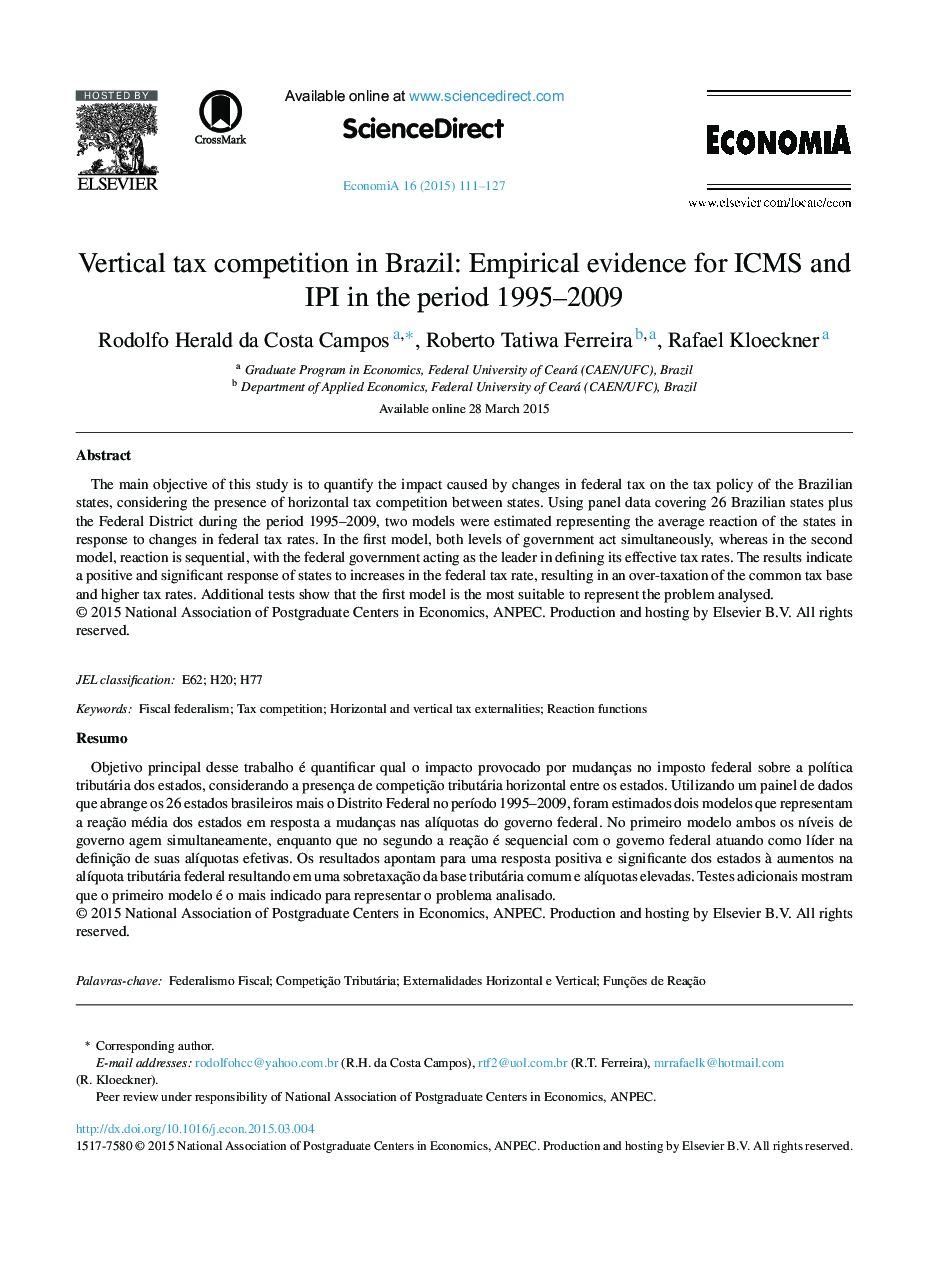 Vertical tax competition in Brazil: Empirical evidence for ICMS and IPI in the period 1995–2009 