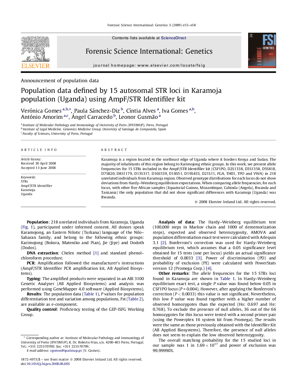 Population data defined by 15 autosomal STR loci in Karamoja population (Uganda) using AmpF/STR Identifiler kit