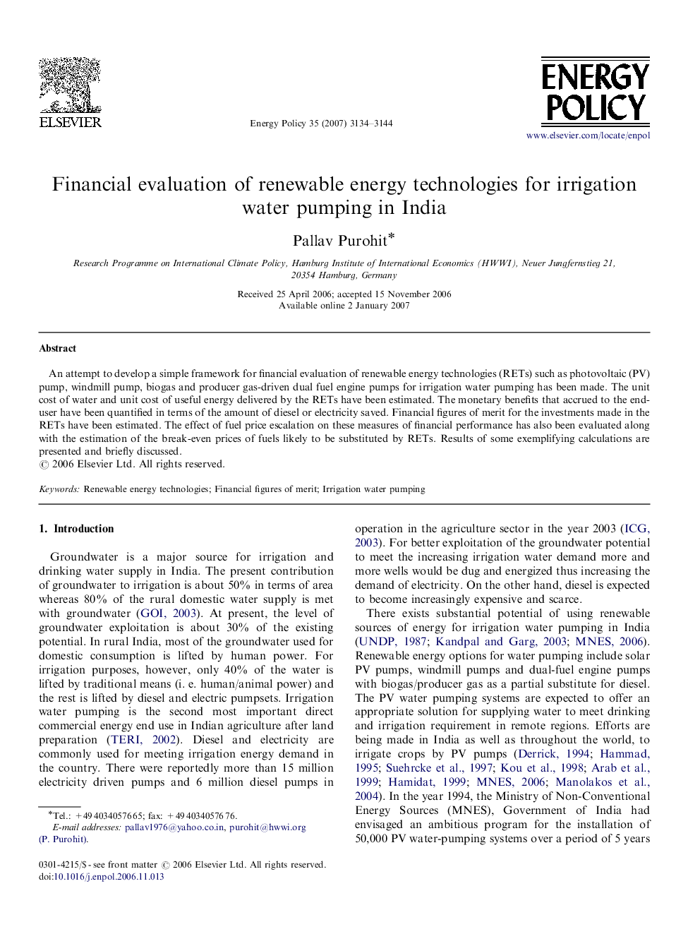 Financial evaluation of renewable energy technologies for irrigation water pumping in India