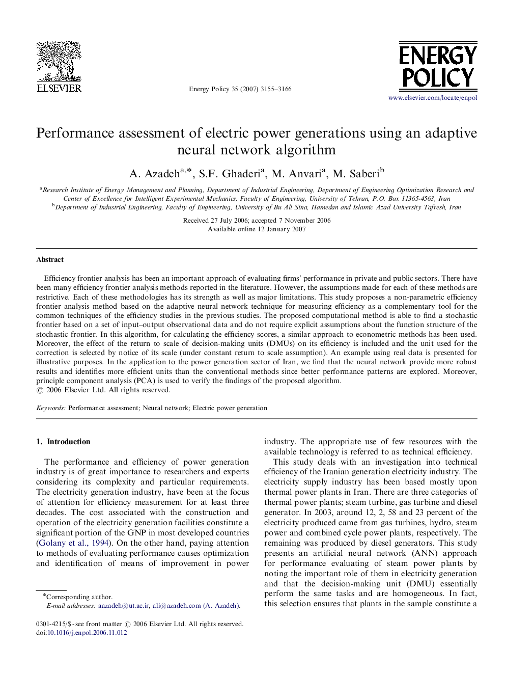 Performance assessment of electric power generations using an adaptive neural network algorithm