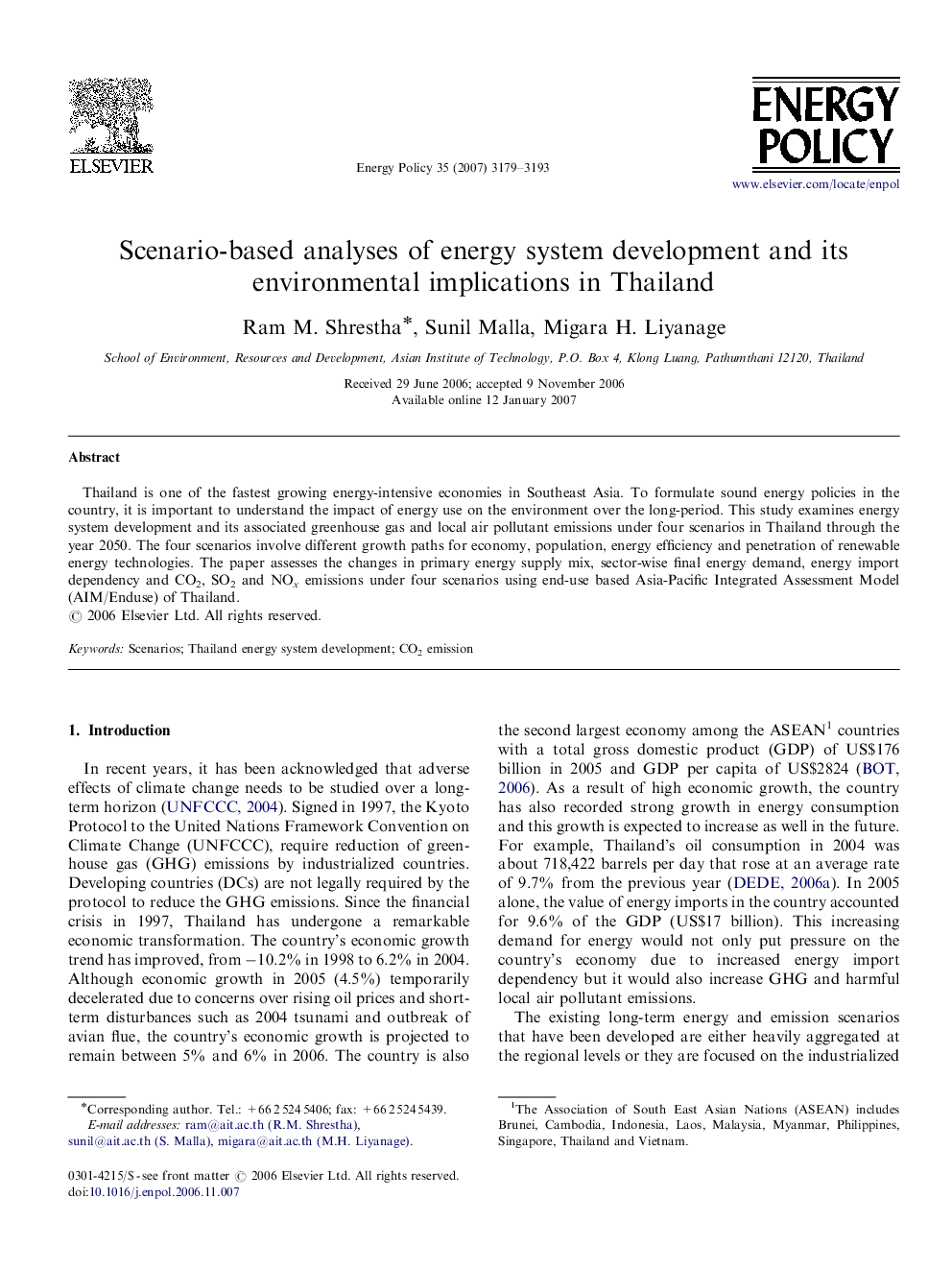 Scenario-based analyses of energy system development and its environmental implications in Thailand