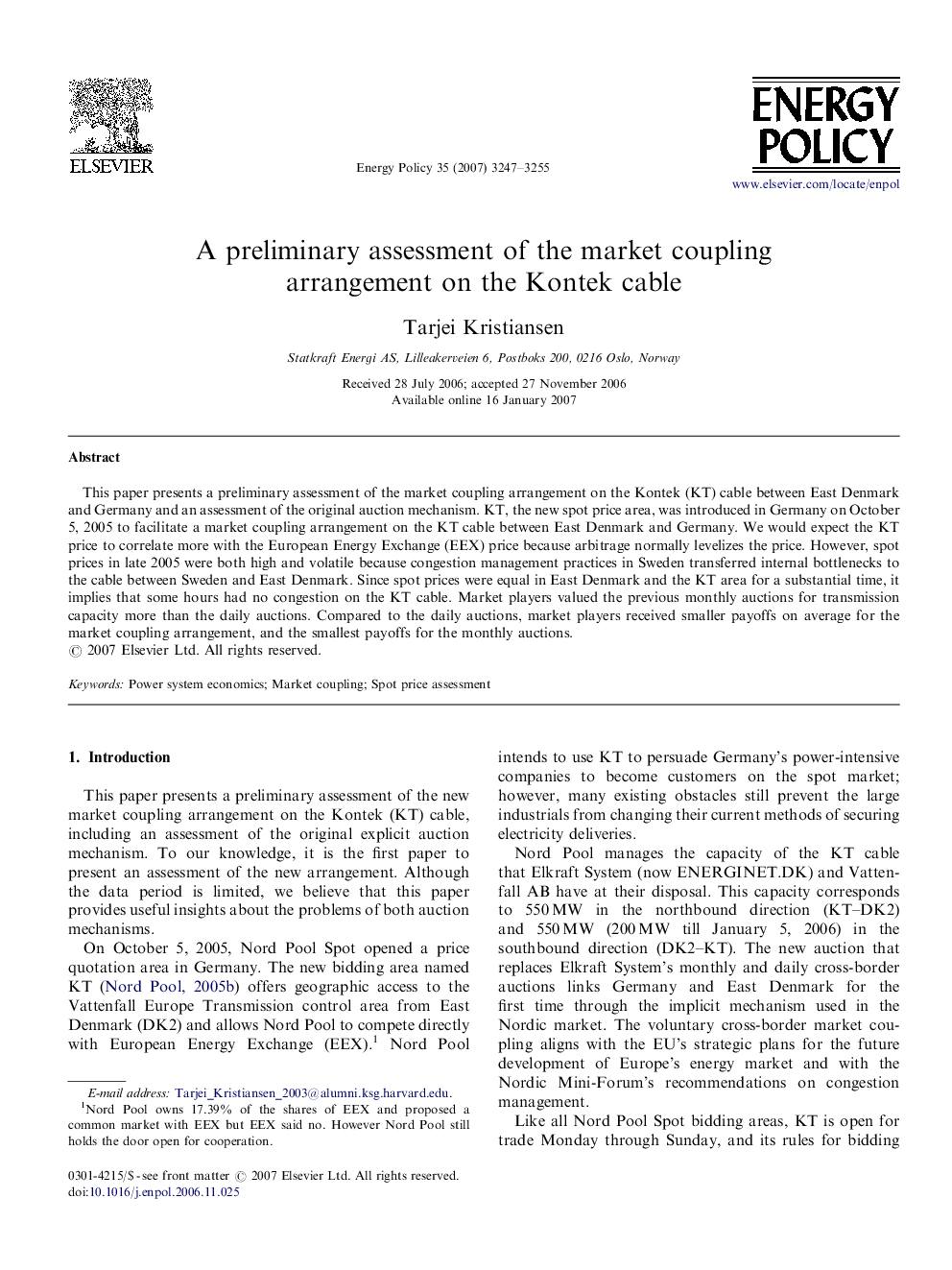 A preliminary assessment of the market coupling arrangement on the Kontek cable