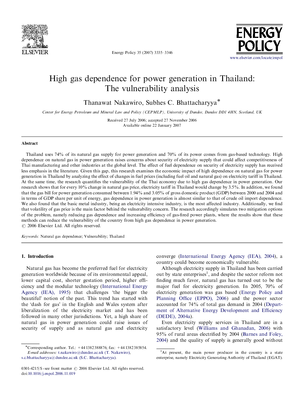 High gas dependence for power generation in Thailand: The vulnerability analysis