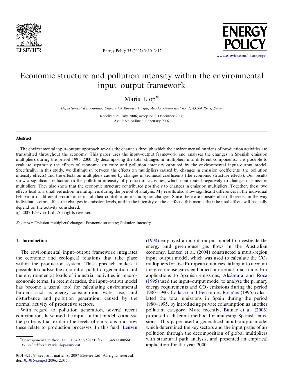 Economic structure and pollution intensity within the environmental input–output framework