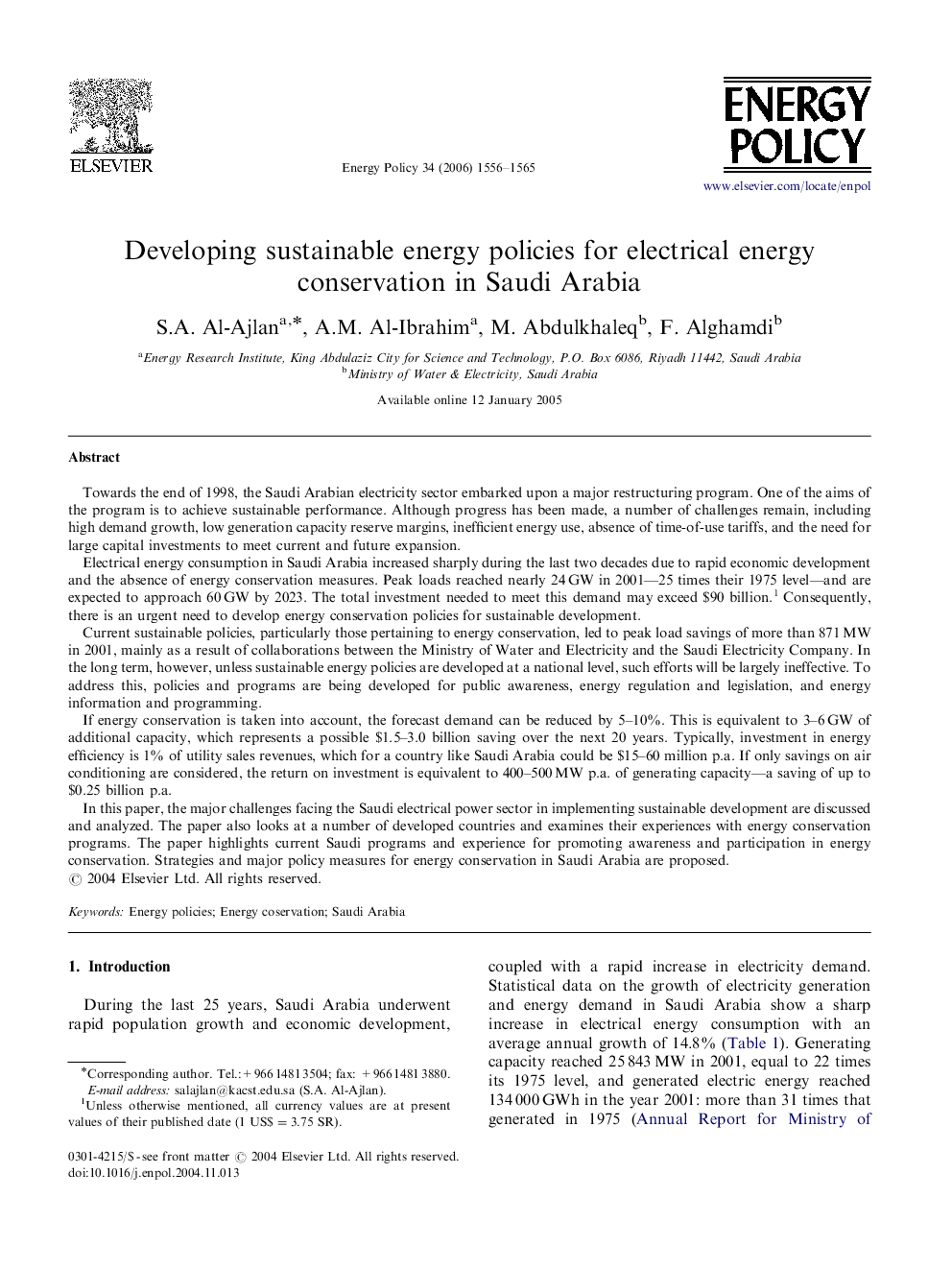 Developing sustainable energy policies for electrical energy conservation in Saudi Arabia