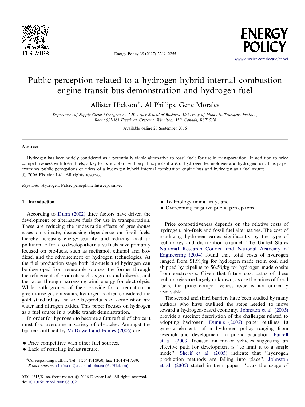 Public perception related to a hydrogen hybrid internal combustion engine transit bus demonstration and hydrogen fuel