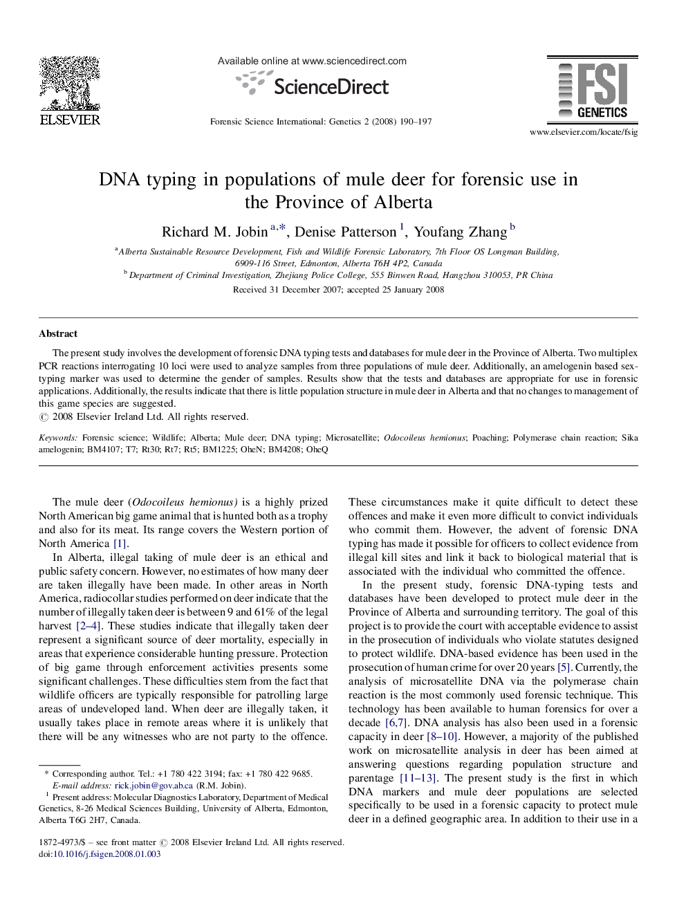 DNA typing in populations of mule deer for forensic use in the Province of Alberta