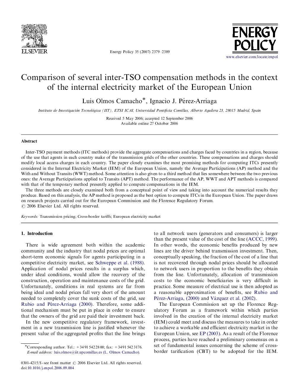 Comparison of several inter-TSO compensation methods in the context of the internal electricity market of the European Union