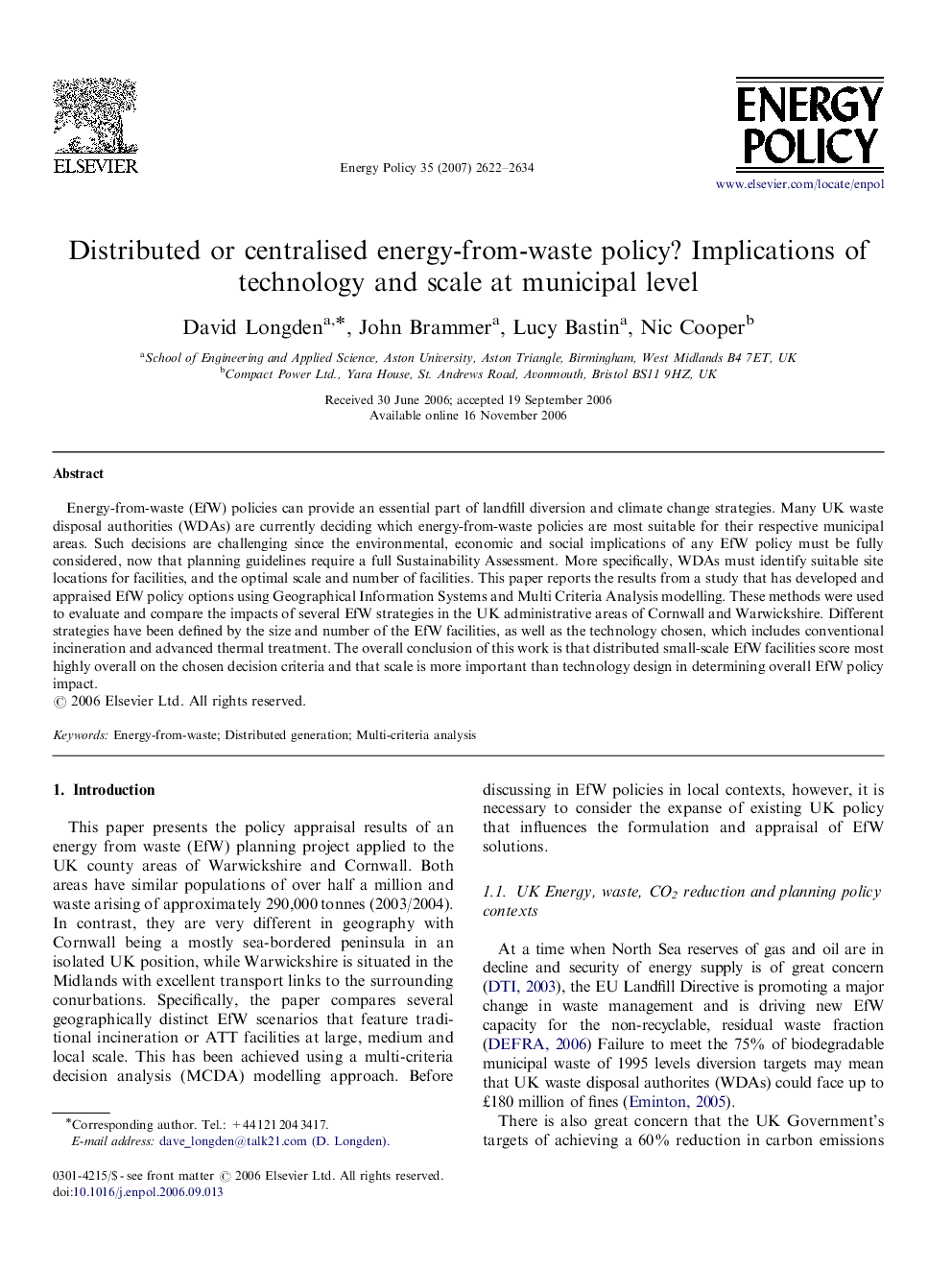 Distributed or centralised energy-from-waste policy? Implications of technology and scale at municipal level