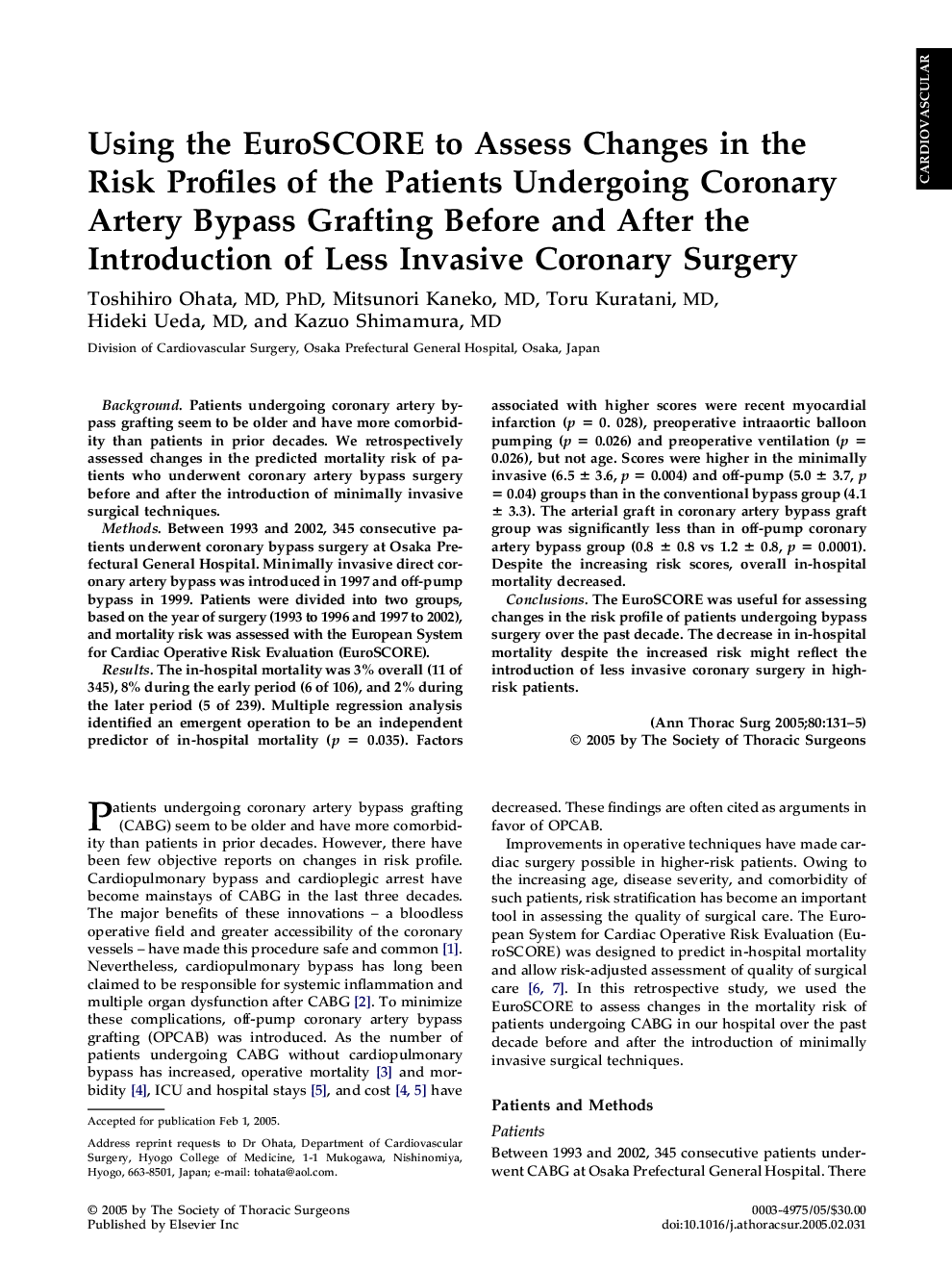 Using the EuroSCORE to Assess Changes in the Risk Profiles of the Patients Undergoing Coronary Artery Bypass Grafting Before and After the Introduction of Less Invasive Coronary Surgery