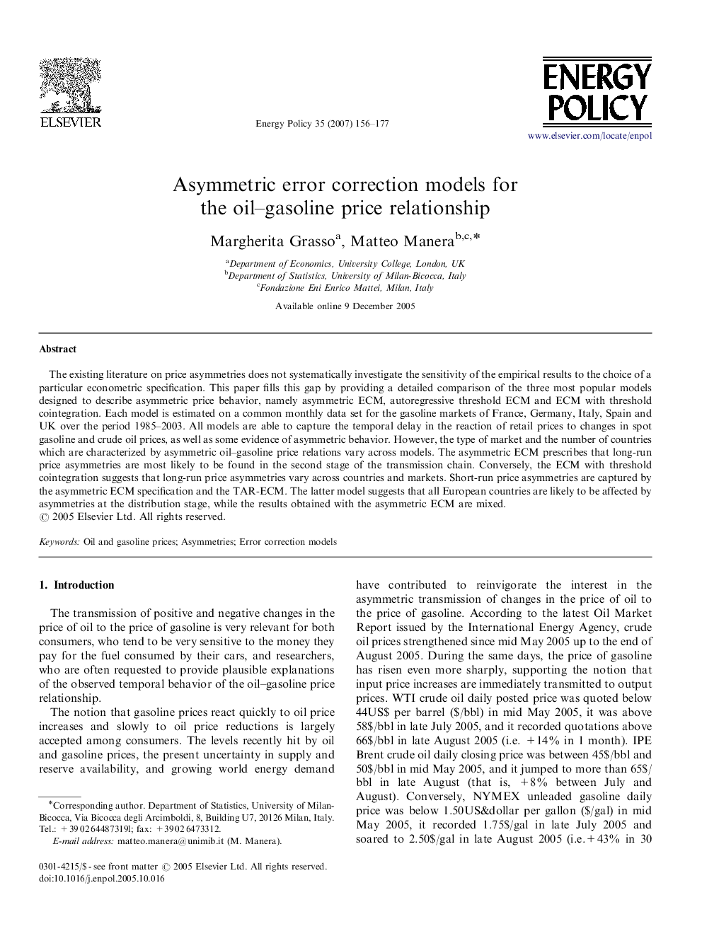 Asymmetric error correction models for the oil–gasoline price relationship