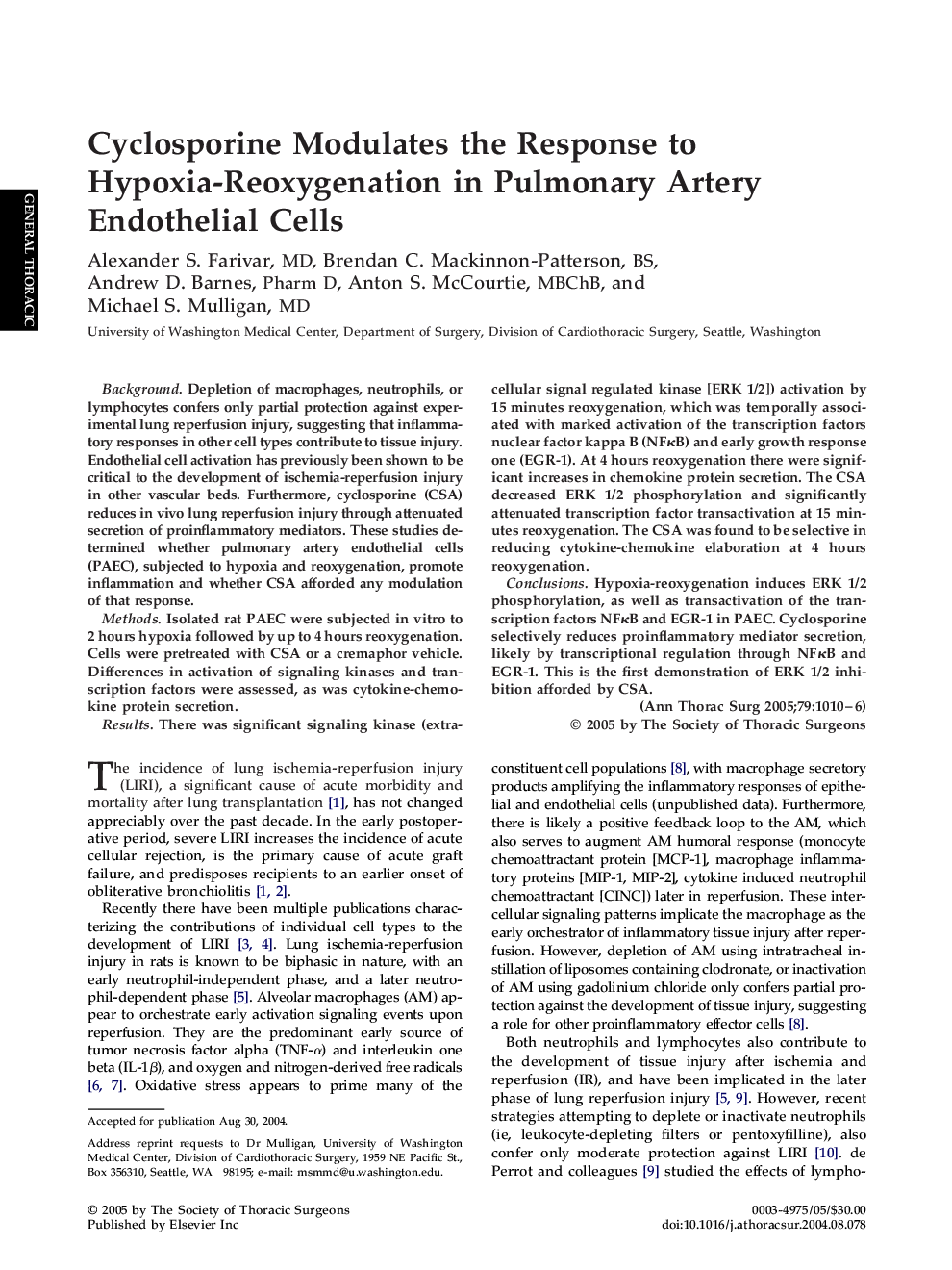 Cyclosporine Modulates the Response to Hypoxia-Reoxygenation in Pulmonary Artery Endothelial Cells