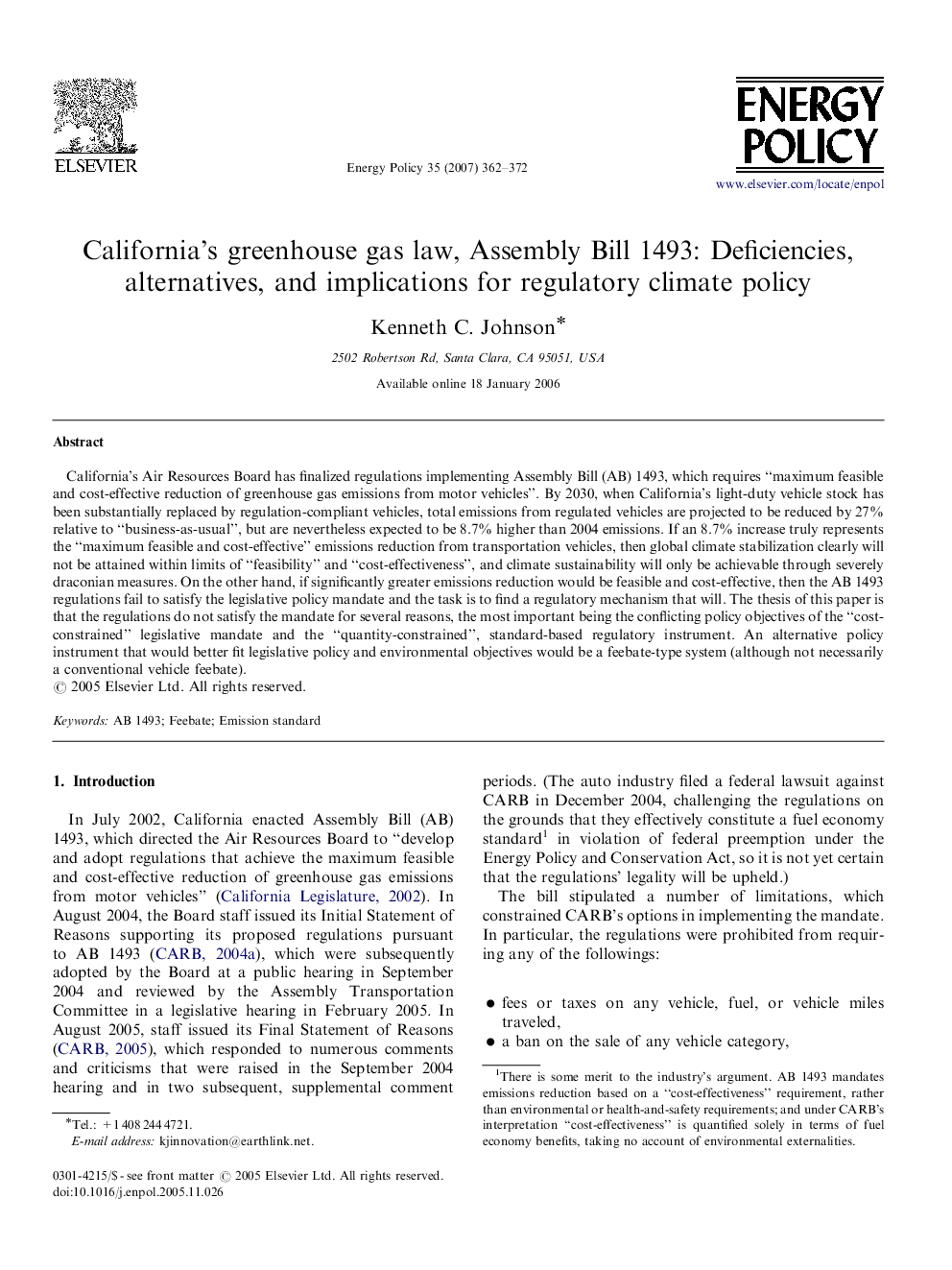 California's greenhouse gas law, Assembly Bill 1493: Deficiencies, alternatives, and implications for regulatory climate policy