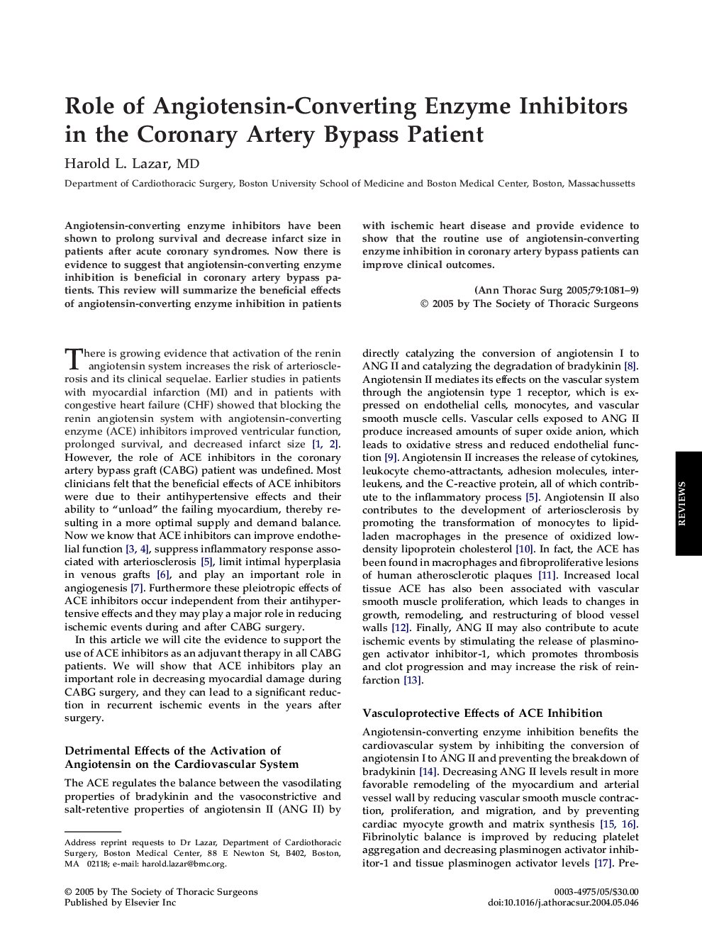 Role of Angiotensin-Converting Enzyme Inhibitors in the Coronary Artery Bypass Patient