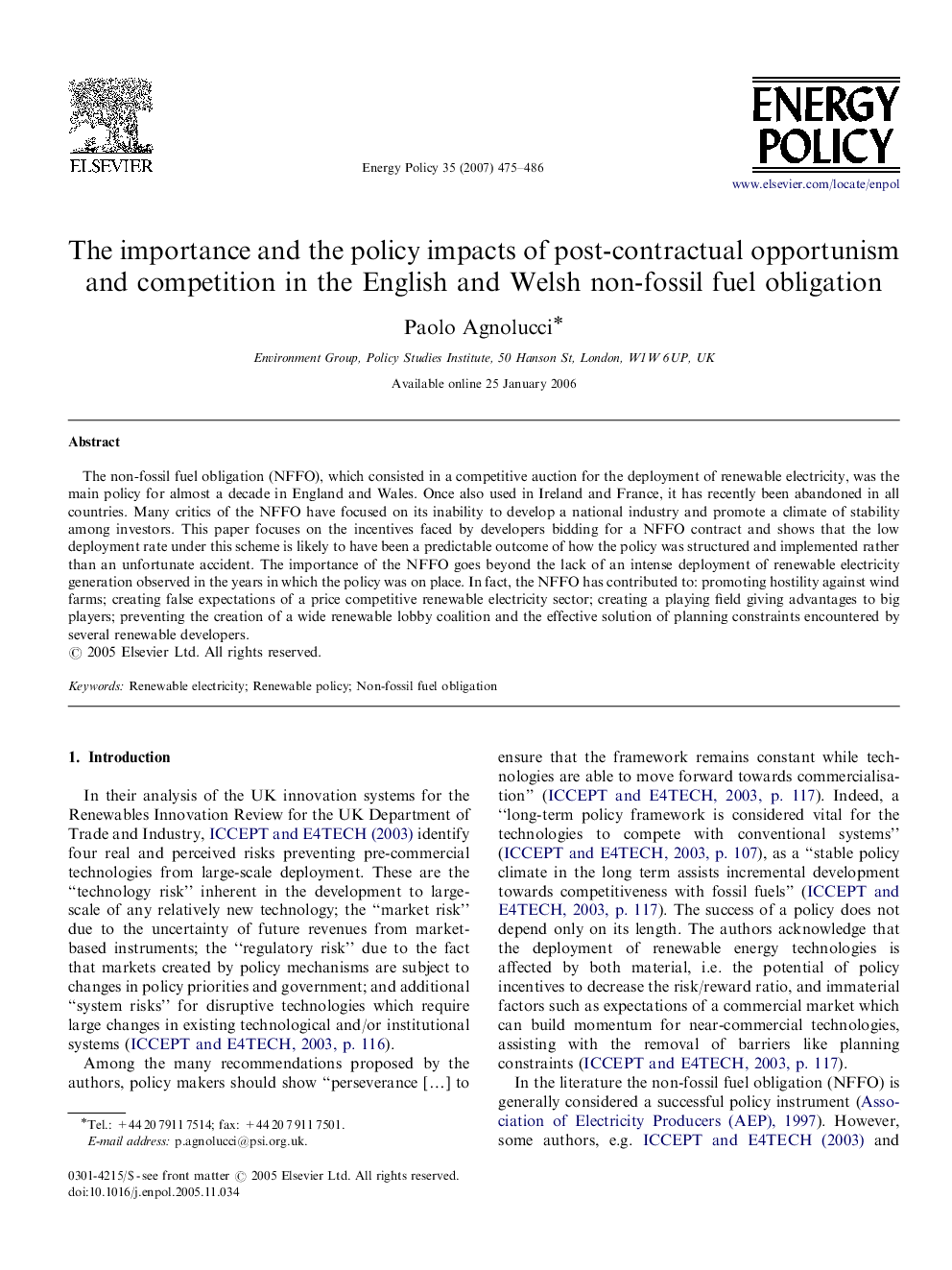 The importance and the policy impacts of post-contractual opportunism and competition in the English and Welsh non-fossil fuel obligation