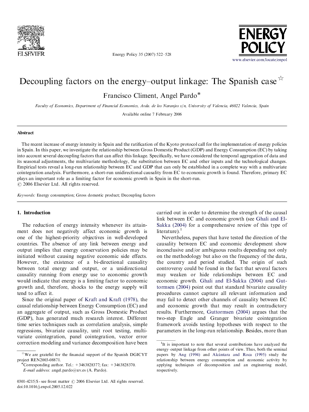 عکس صفحه اول مقاله: Decoupling factors on the energy–output linkage: The Spanish case Decoupling factors on the energy–output linkage: The Spanish case