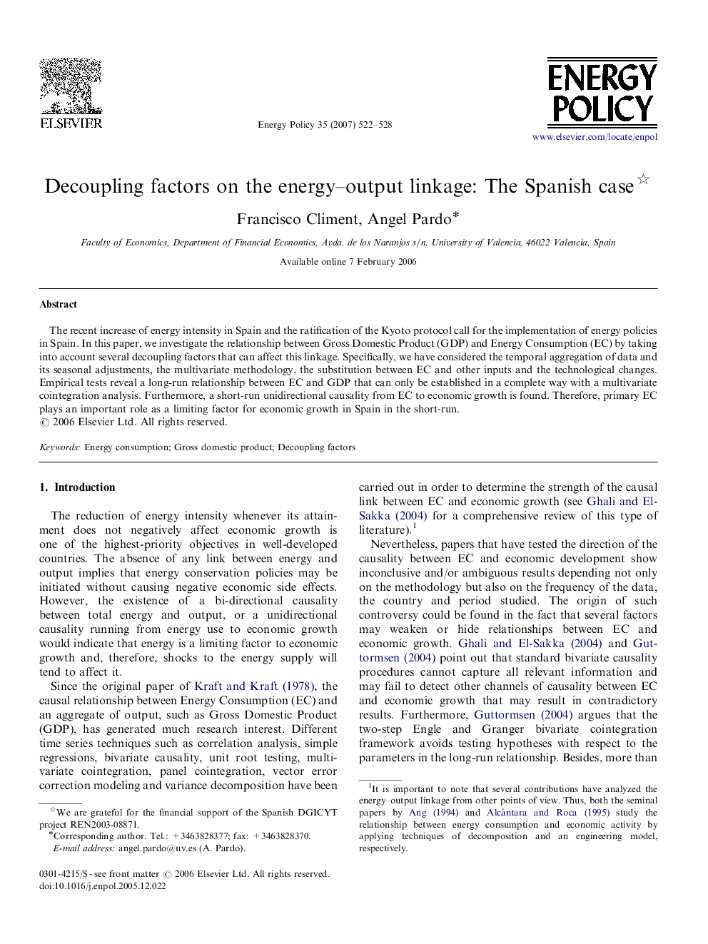 Decoupling factors on the energy–output linkage: The Spanish case 