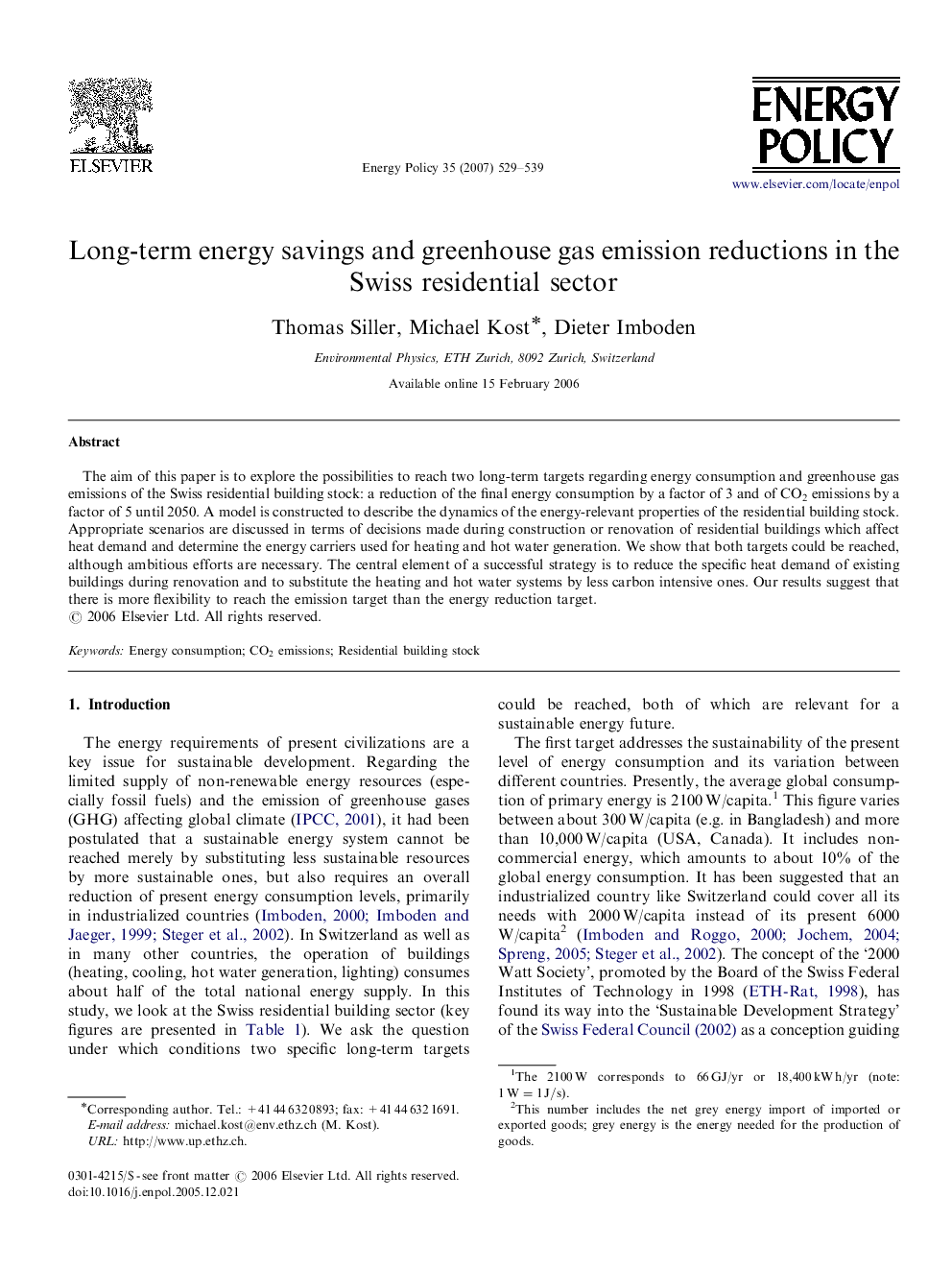 عکس صفحه اول مقاله: Long-term energy savings and greenhouse gas emission reductions in the Swiss residential sector Long-term energy savings and greenhouse gas emission reductions in the Swiss residential sector