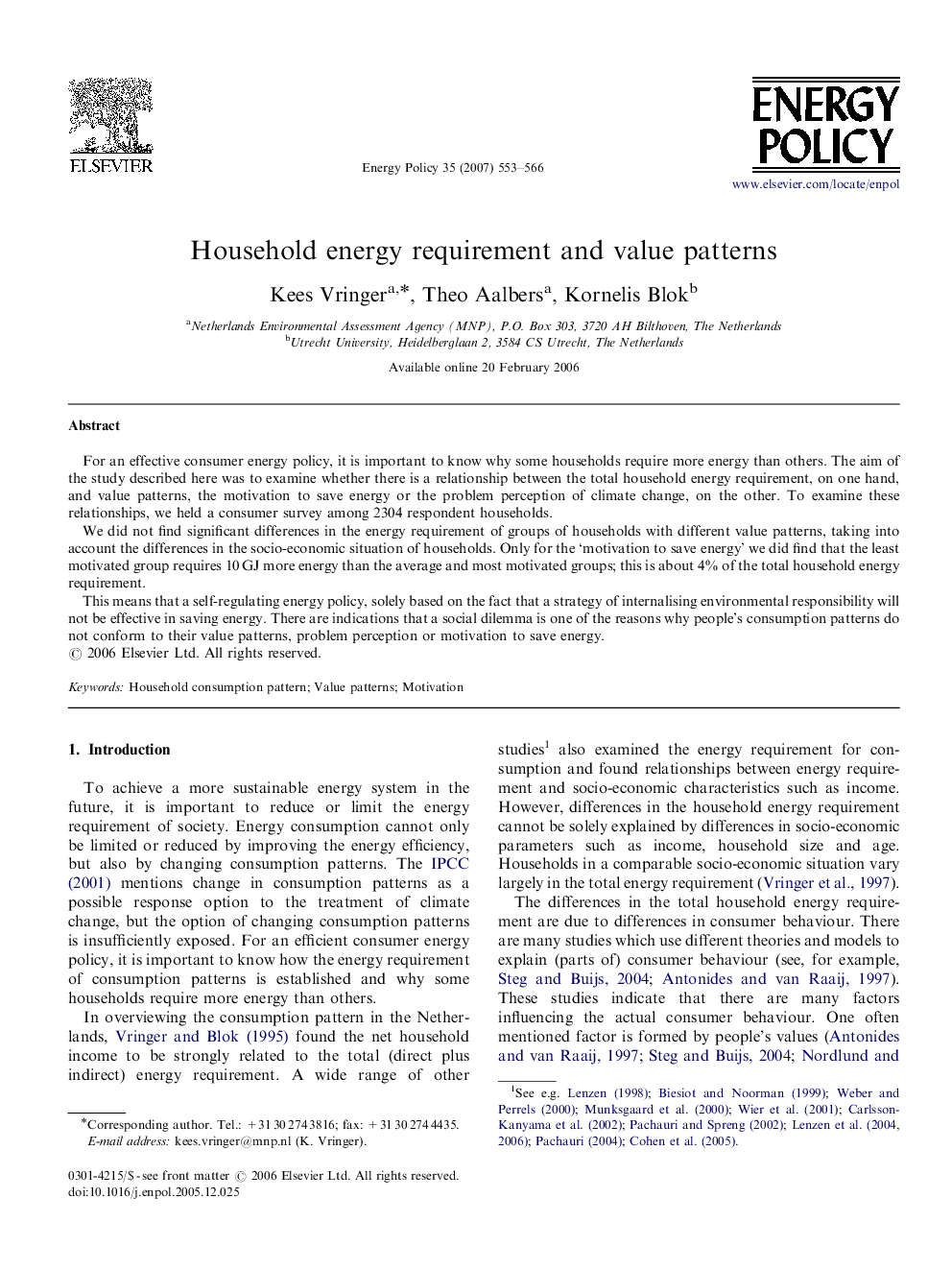 Household energy requirement and value patterns