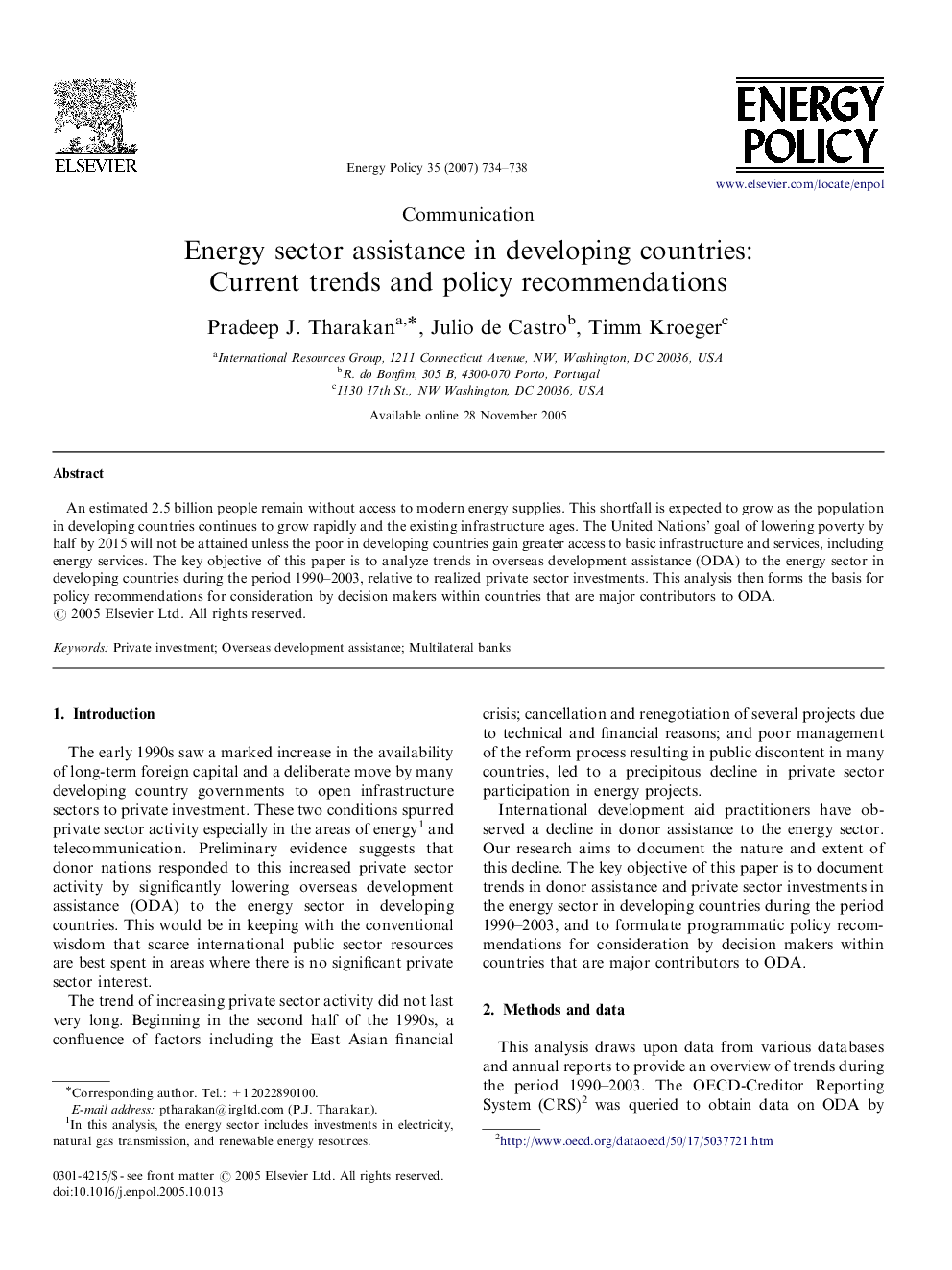 Energy sector assistance in developing countries: Current trends and policy recommendations