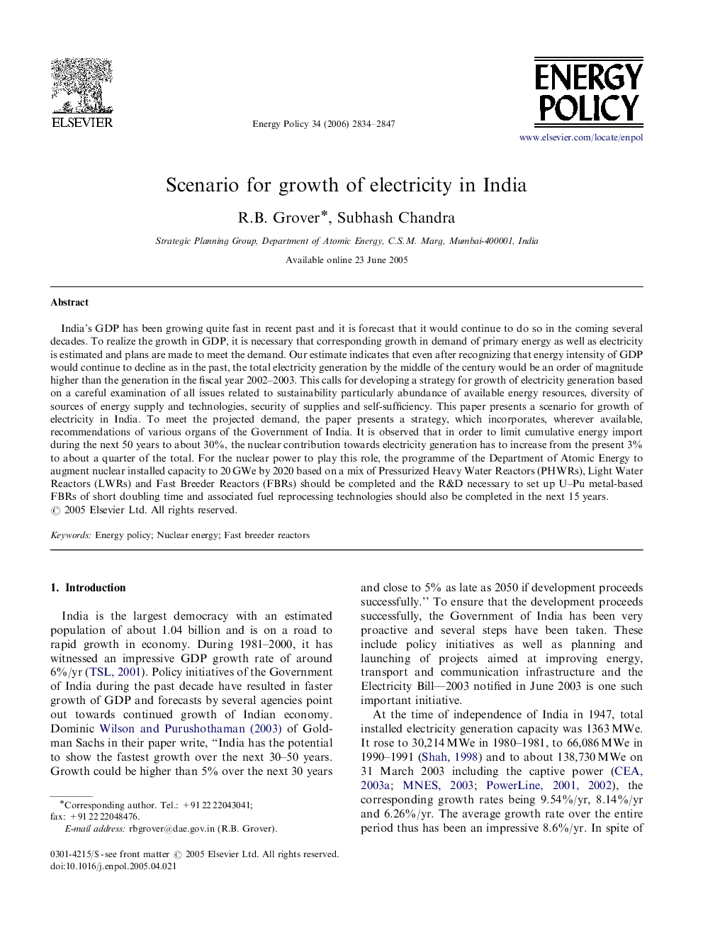 Scenario for growth of electricity in India