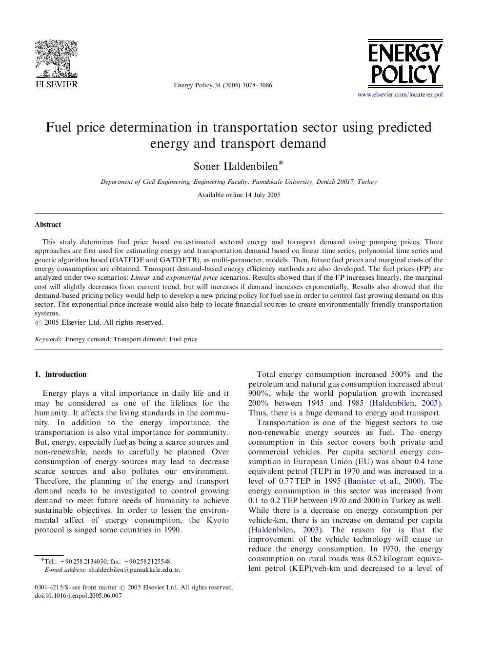 Fuel price determination in transportation sector using predicted energy and transport demand