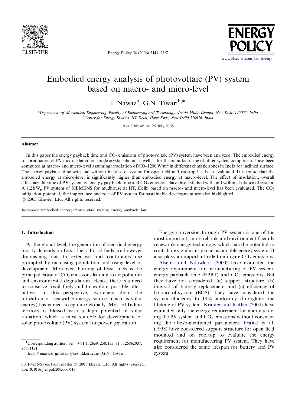 عکس صفحه اول مقاله: Embodied energy analysis of photovoltaic (PV) system based on macro- and micro-level Embodied energy analysis of photovoltaic (PV) system based on macro- and micro-level