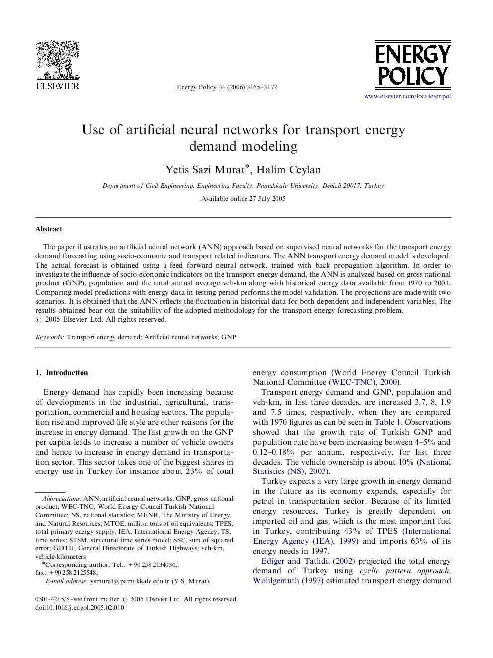 Use of artificial neural networks for transport energy demand modeling