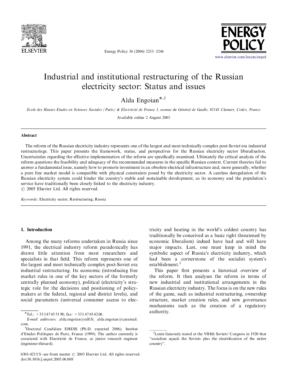 Industrial and institutional restructuring of the Russian electricity sector: Status and issues